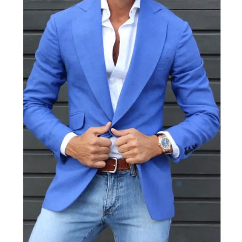 Herren-Karos-Blazer Slim Fit, taillierter Casual-Jackenschnitt in kräftigem Blau mit tailliertem Schnitt und Revers mit Kerbe.