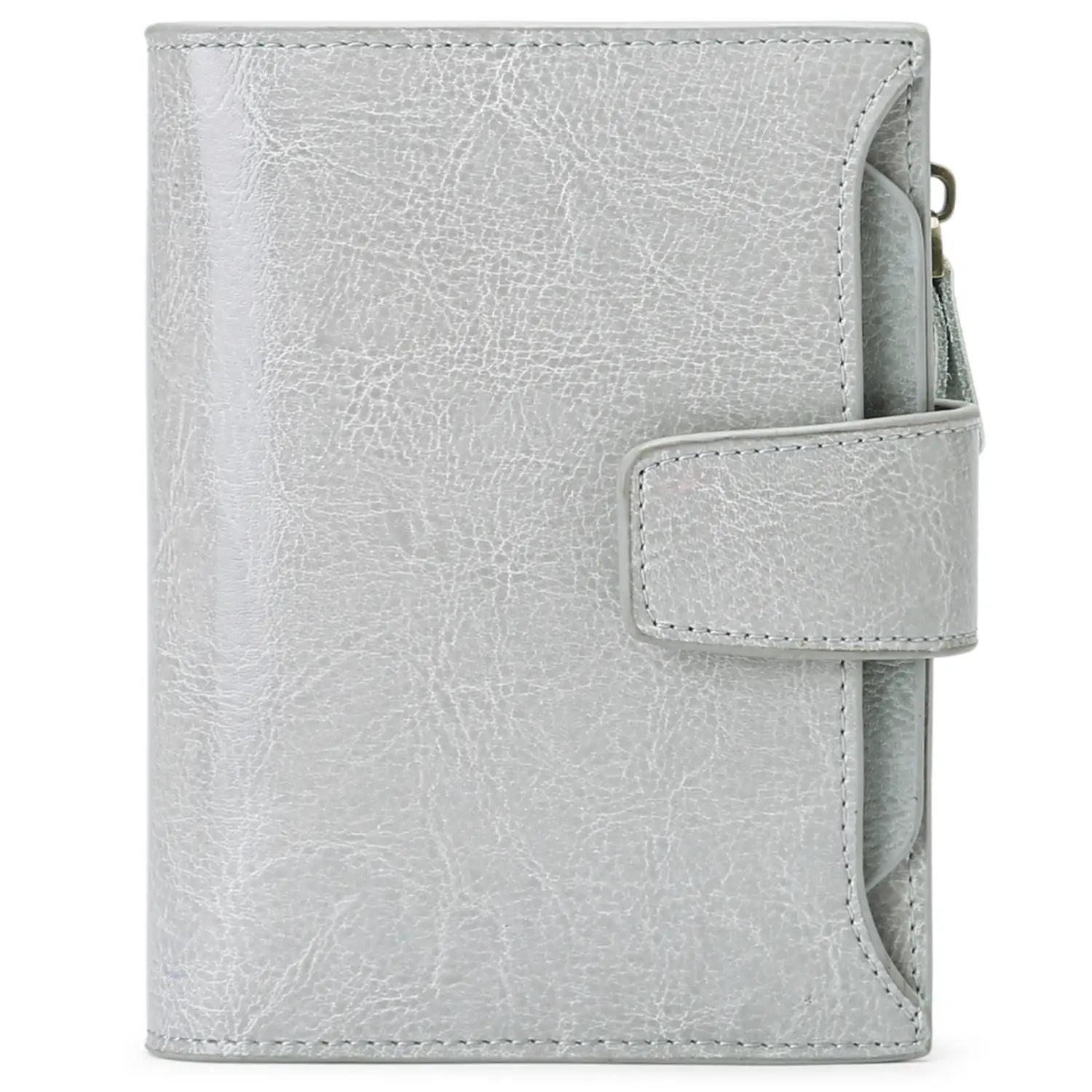 Silver textured leather RFID wallet with flap closure and zipper pocket featuring anti theft protection.