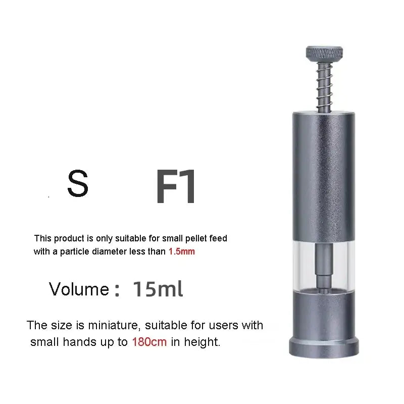 Silver metallic feeder mini aquarium accessory with transparent chamber and threaded screw-top dispenser for fish food