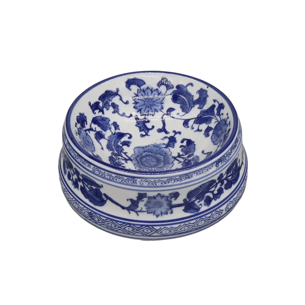 Classic blue and white feeding bowl ceramic with intricate floral patterns and decorative rim in porcelain set