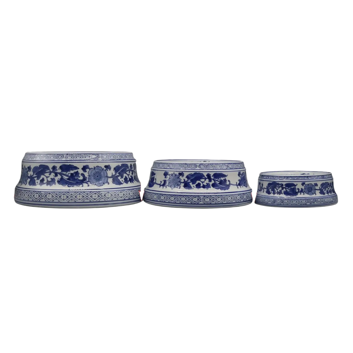 Three ceramic feeding bowls in blue floral porcelain with intricate patterns along the rim for elegant use