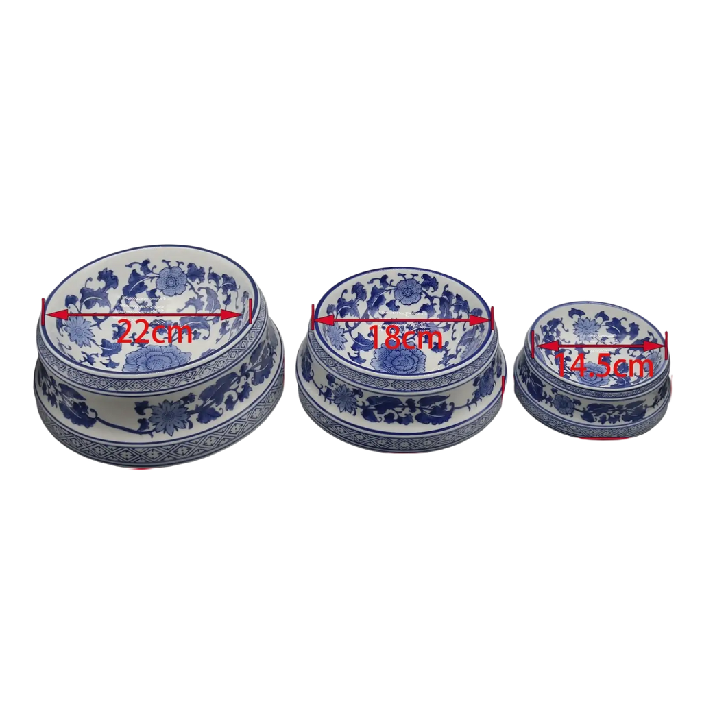 Three blue and white porcelain feeding bowl ceramic set with floral patterns in large medium and small sizes