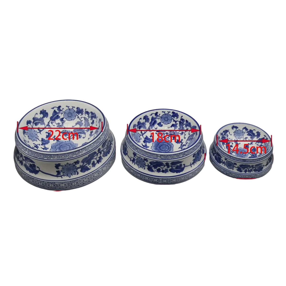 Three blue and white porcelain feeding bowl ceramic set with floral patterns in large medium and small sizes