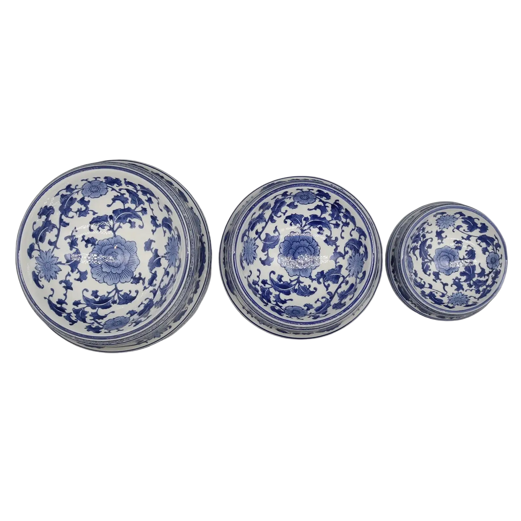 Three stacked blue and white feeding bowl ceramic set with intricate floral porcelain patterns for feeding use