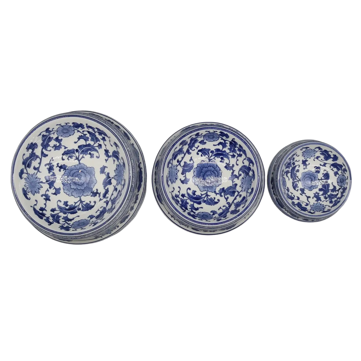 Three stacked blue and white feeding bowl ceramic set with intricate floral porcelain patterns for feeding use