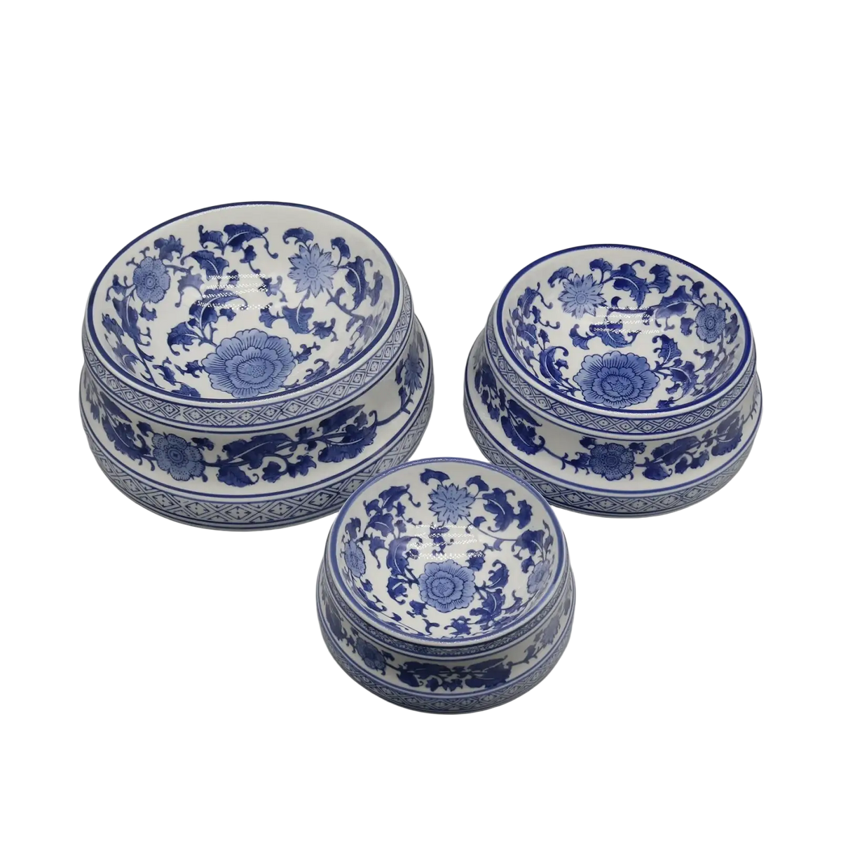 Three blue and white porcelain feeding bowl ceramic set with intricate floral patterns for dining use