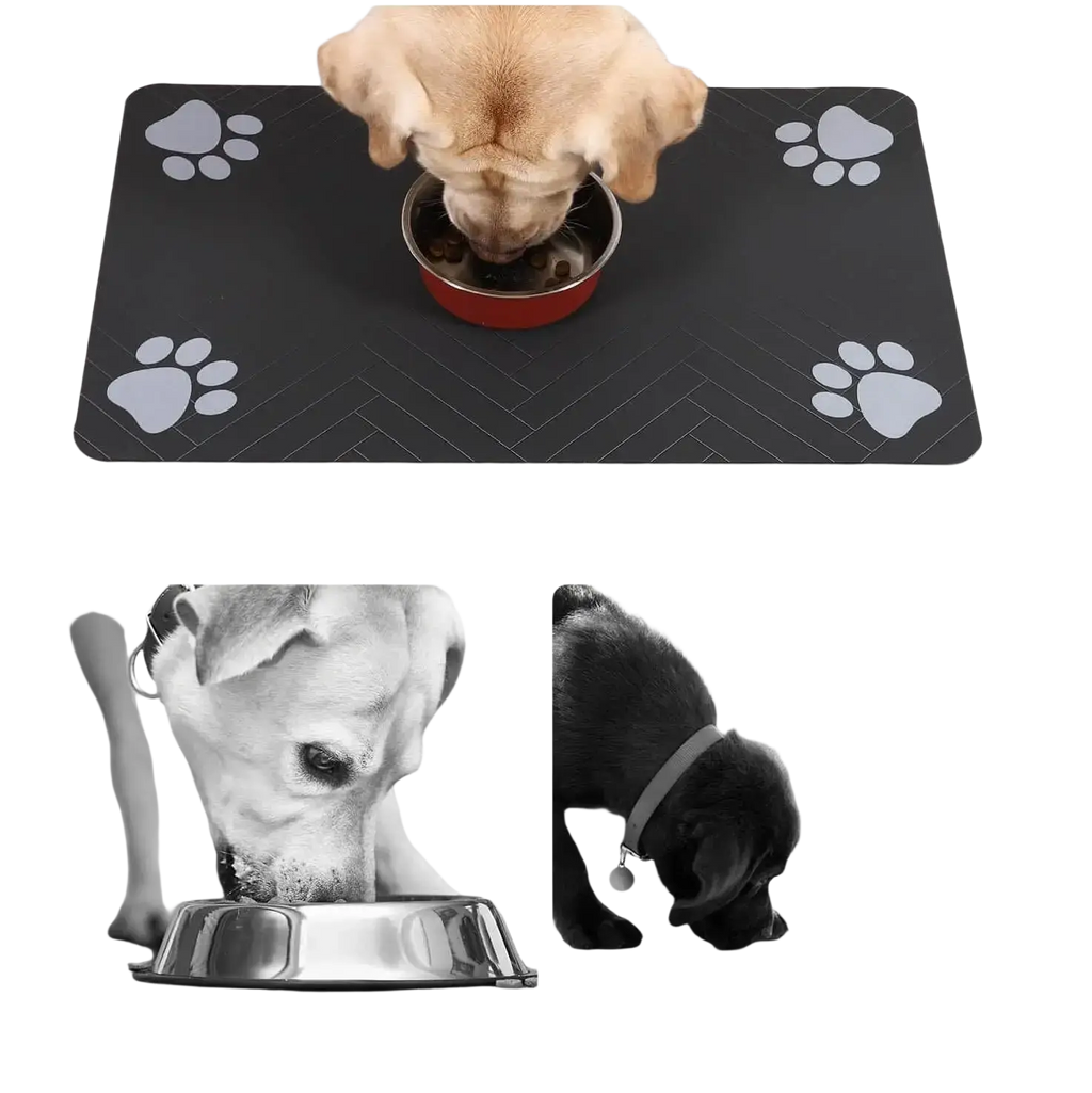 Black non-slip feeding mat with white paw print decals made of waterproof rubber for dog and cat food bowls