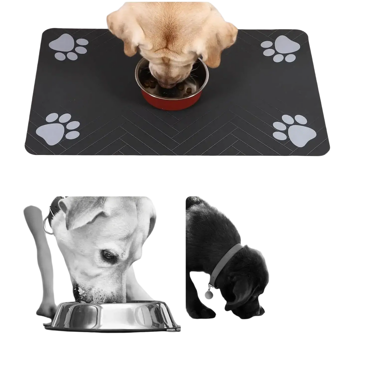 Black non-slip feeding mat with white paw print decals made of waterproof rubber for dog and cat food bowls