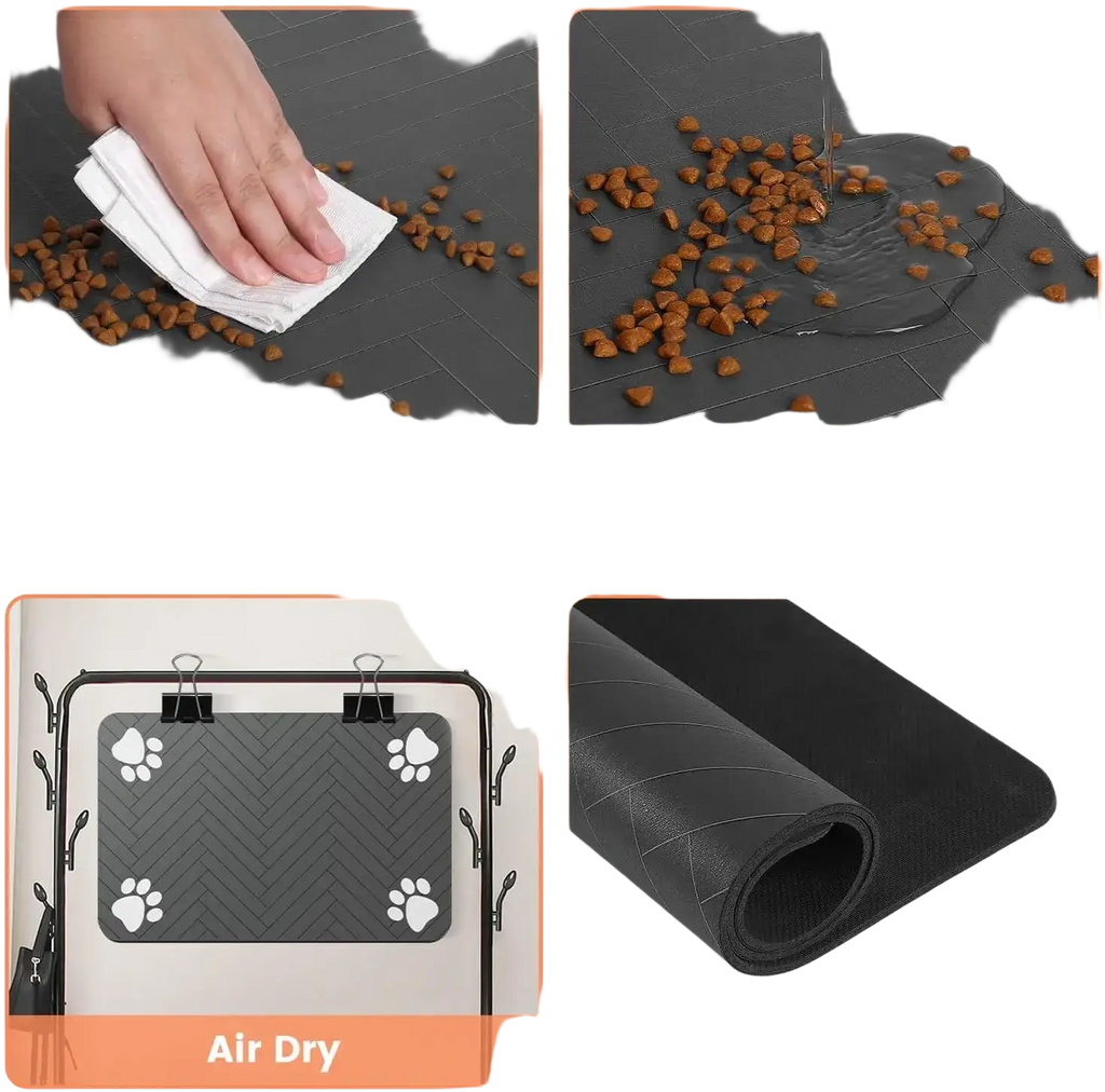 Black waterproof rubber feeding mat with herringbone texture and white paw print decals for dog and cat food bowl