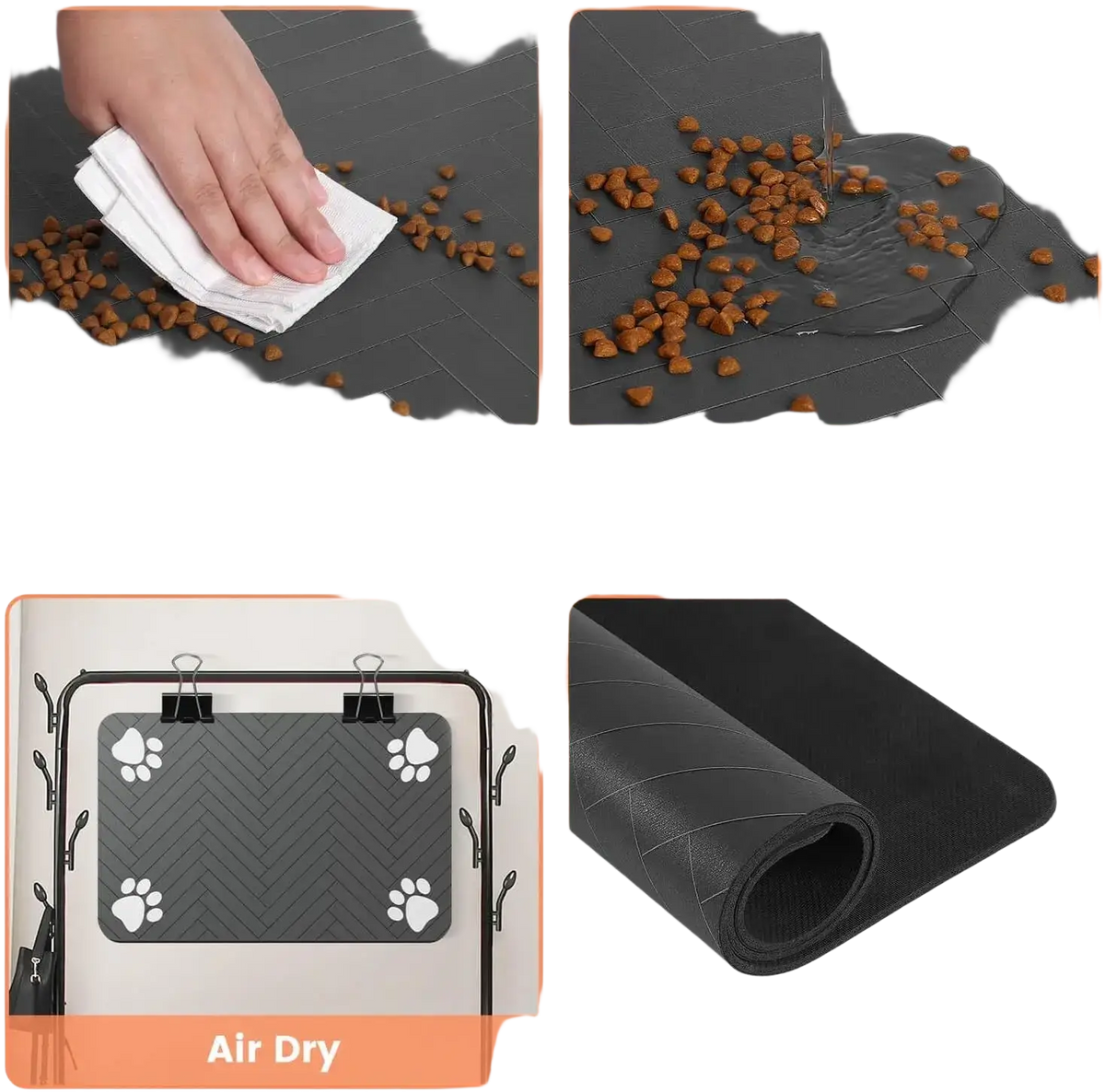 Black waterproof rubber feeding mat with herringbone texture and white paw print decals for dog and cat food bowl