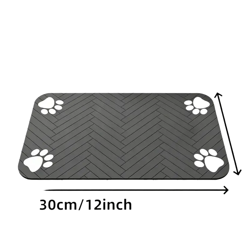 Dark gray waterproof rubber feeding mat with herringbone pattern and white paw print decals for dog and cat food bowls