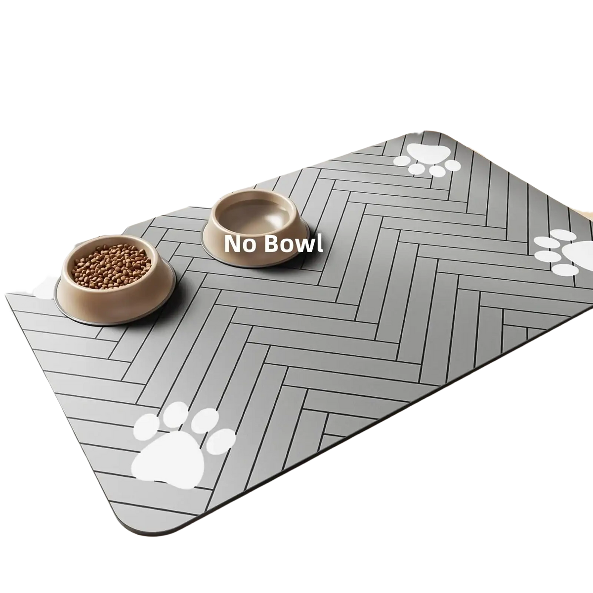 Gray herringbone-patterned feeding mat with white paw print decals made of waterproof rubber for dog and cat food bowls