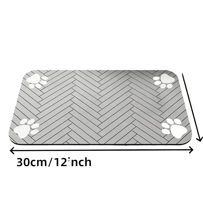 Gray rectangular food mat with herringbone pattern and white paw prints made of waterproof rubber for pet feeding bowls