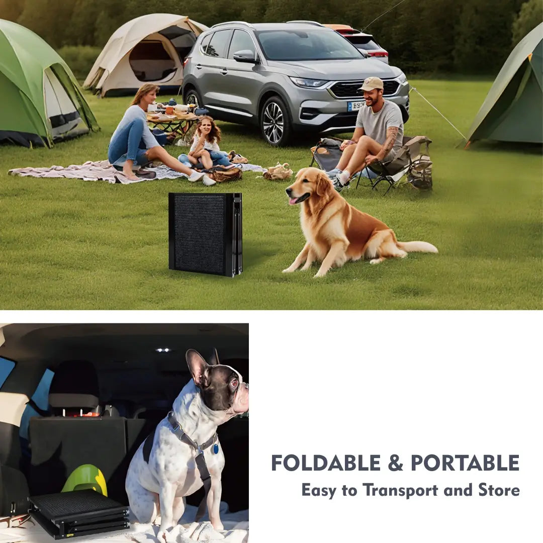 Purificateur d’air portatif noir, vu depuis l’arrière, conçu pour une utilisation dans les voitures, SUV et camions, avec une rampe portative pour chien supportant jusqu’à 113 kg (250 lb).