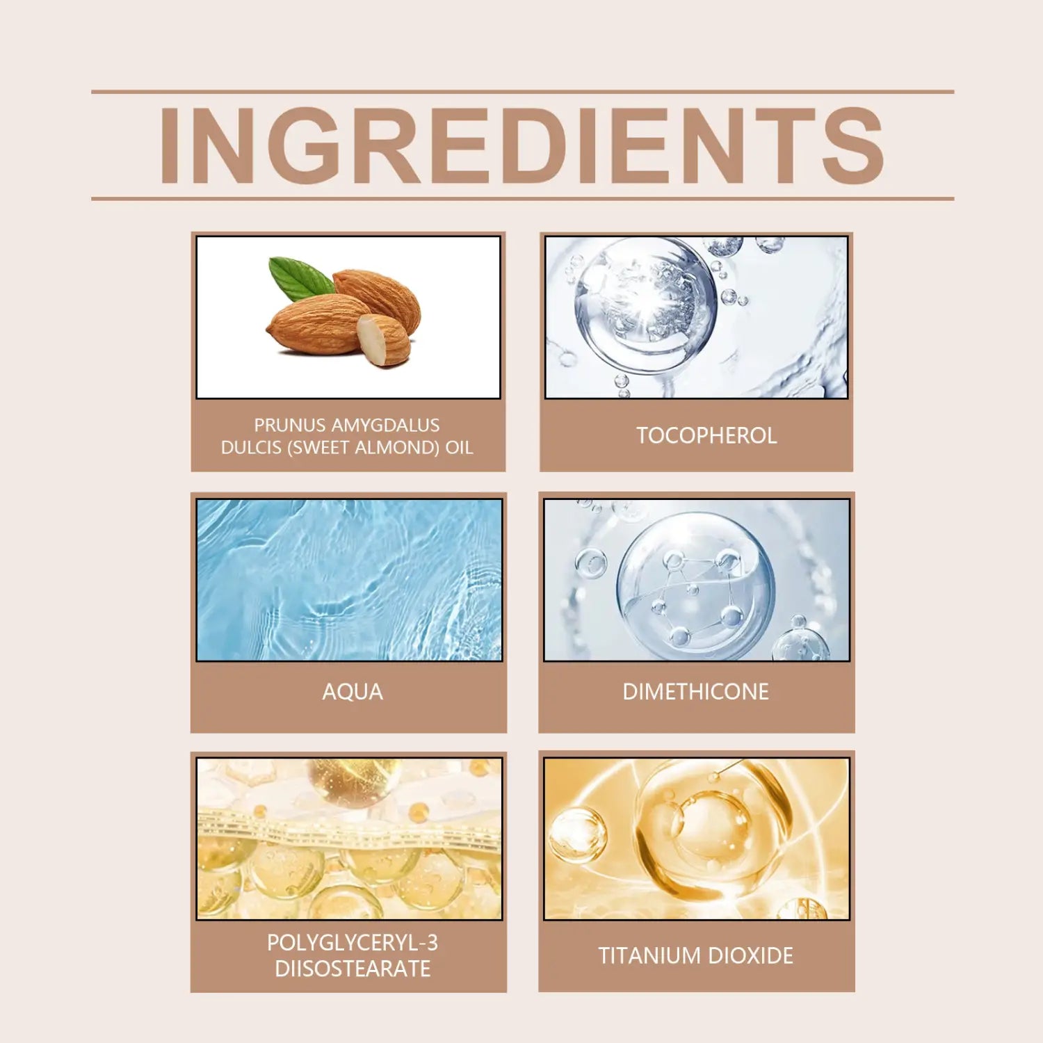 the image shows a list of six ingredients with icons and scientific names for an eye concealer for sensitive skin creamy coverage product.