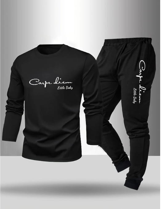 Black long-sleeve sweatshirt and matching joggers set with white carpe diem little baby script printed on chest and leg made of polyester for a men 3d digital print casual sporty outfit.