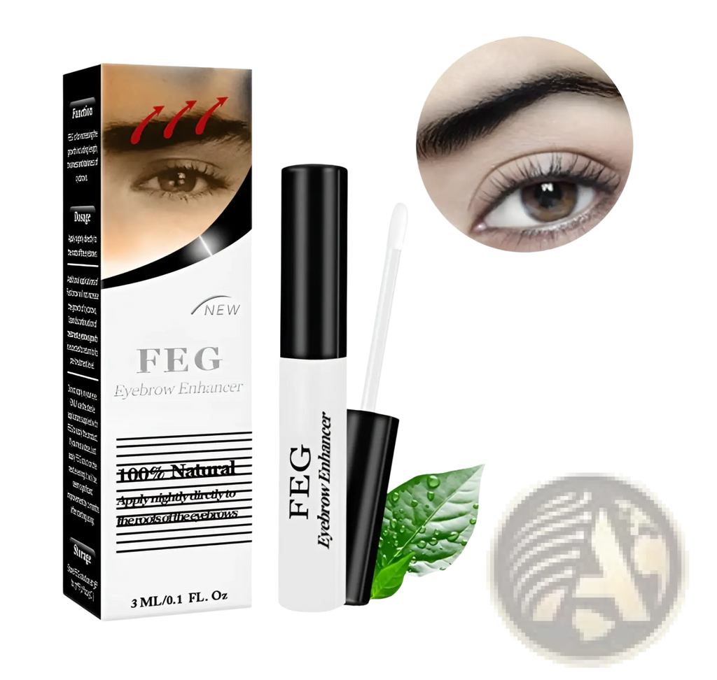 Feg eyebrow enhancer growth serum in a sleek white and black tube with clear applicator and 100 percent natural packaging