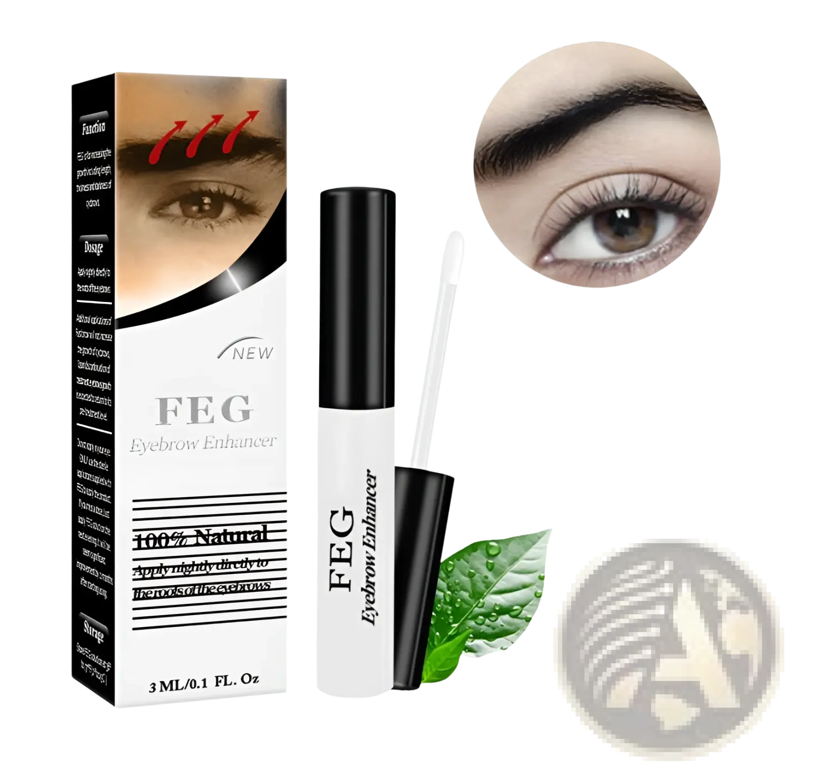 Feg eyebrow enhancer growth serum in a sleek white and black tube with clear applicator and 100 percent natural packaging