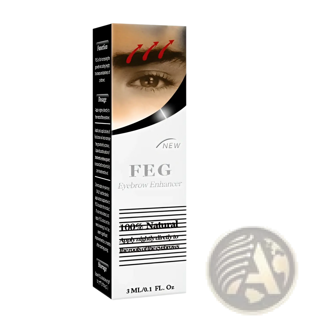 White rectangular box for feg eyebrow enhancer growth serum with eye and red arrows showing longer brow enhancement