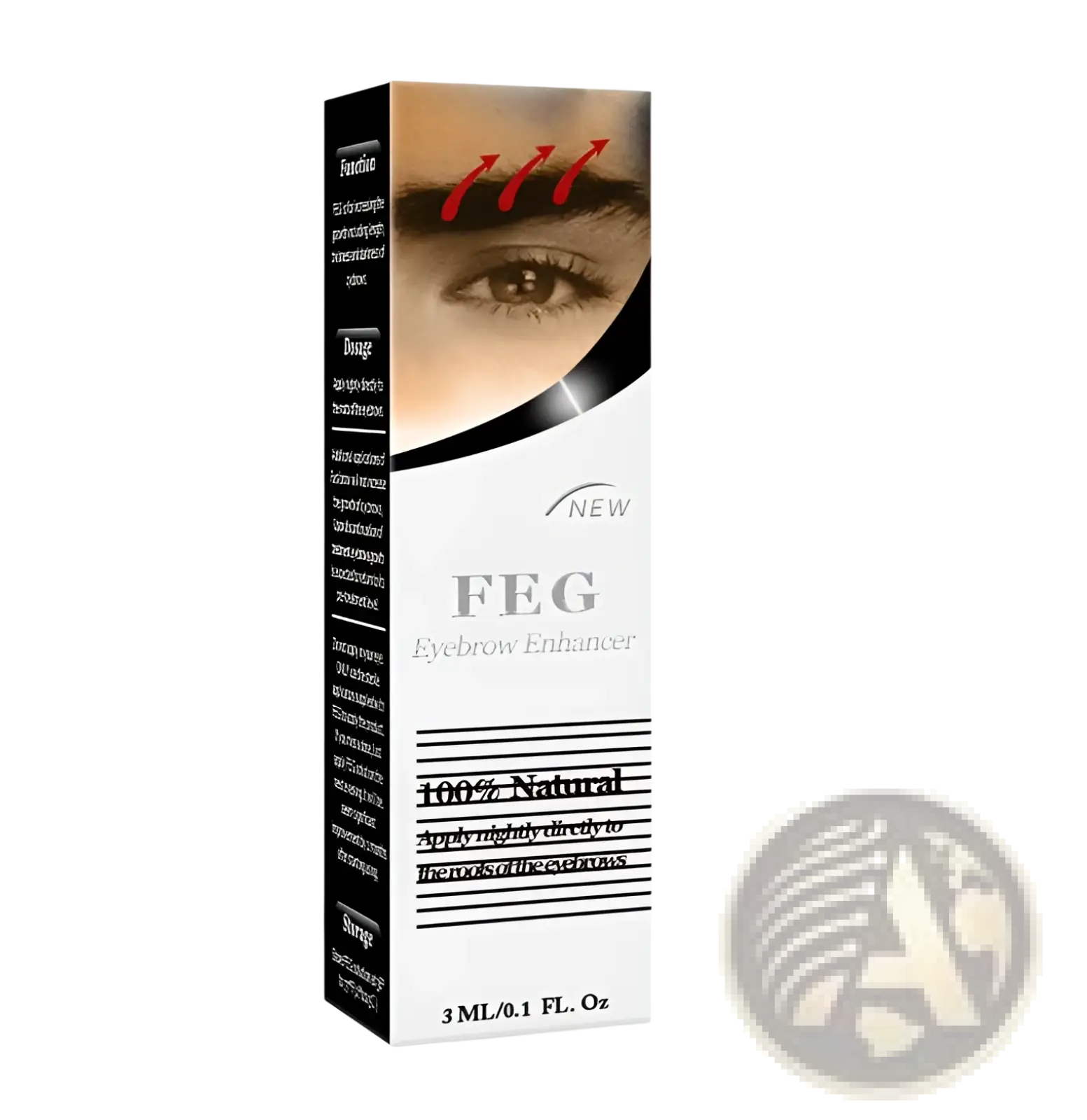 White rectangular box for feg eyebrow enhancer growth serum with eye and red arrows showing longer brow enhancement