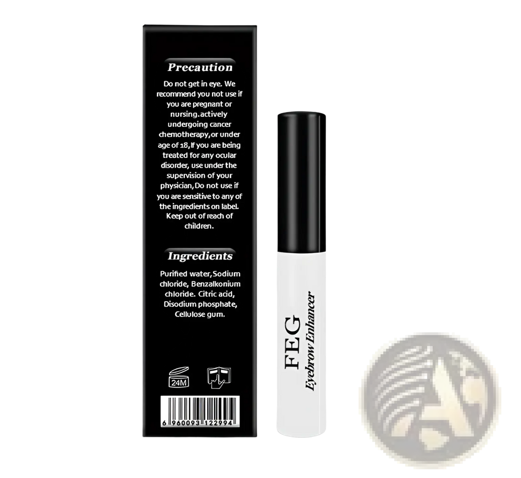 White cylindrical feg eyebrow enhancer growth serum with black cap designed for longer brows and fuller appearance