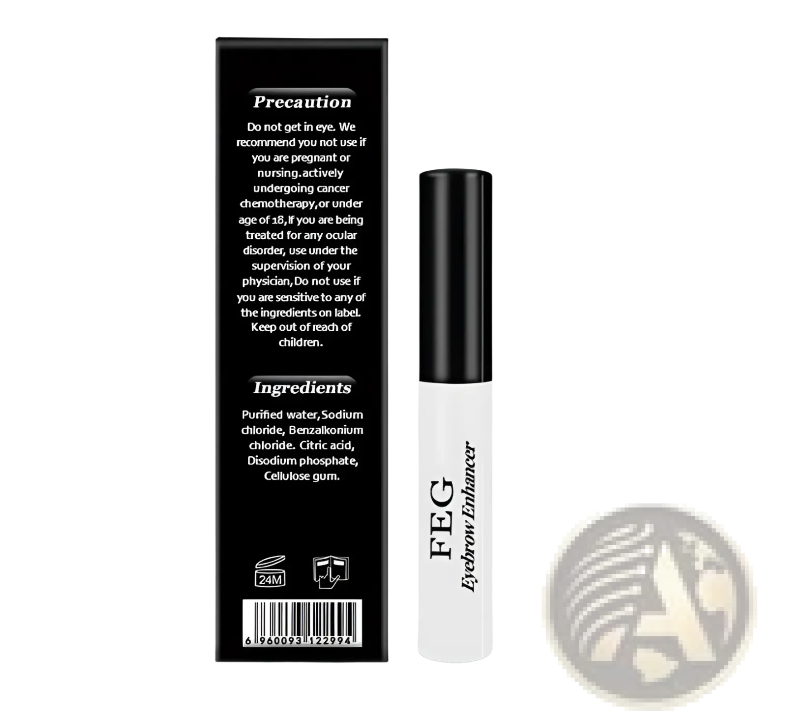White cylindrical feg eyebrow enhancer growth serum with black cap designed for longer brows and fuller appearance