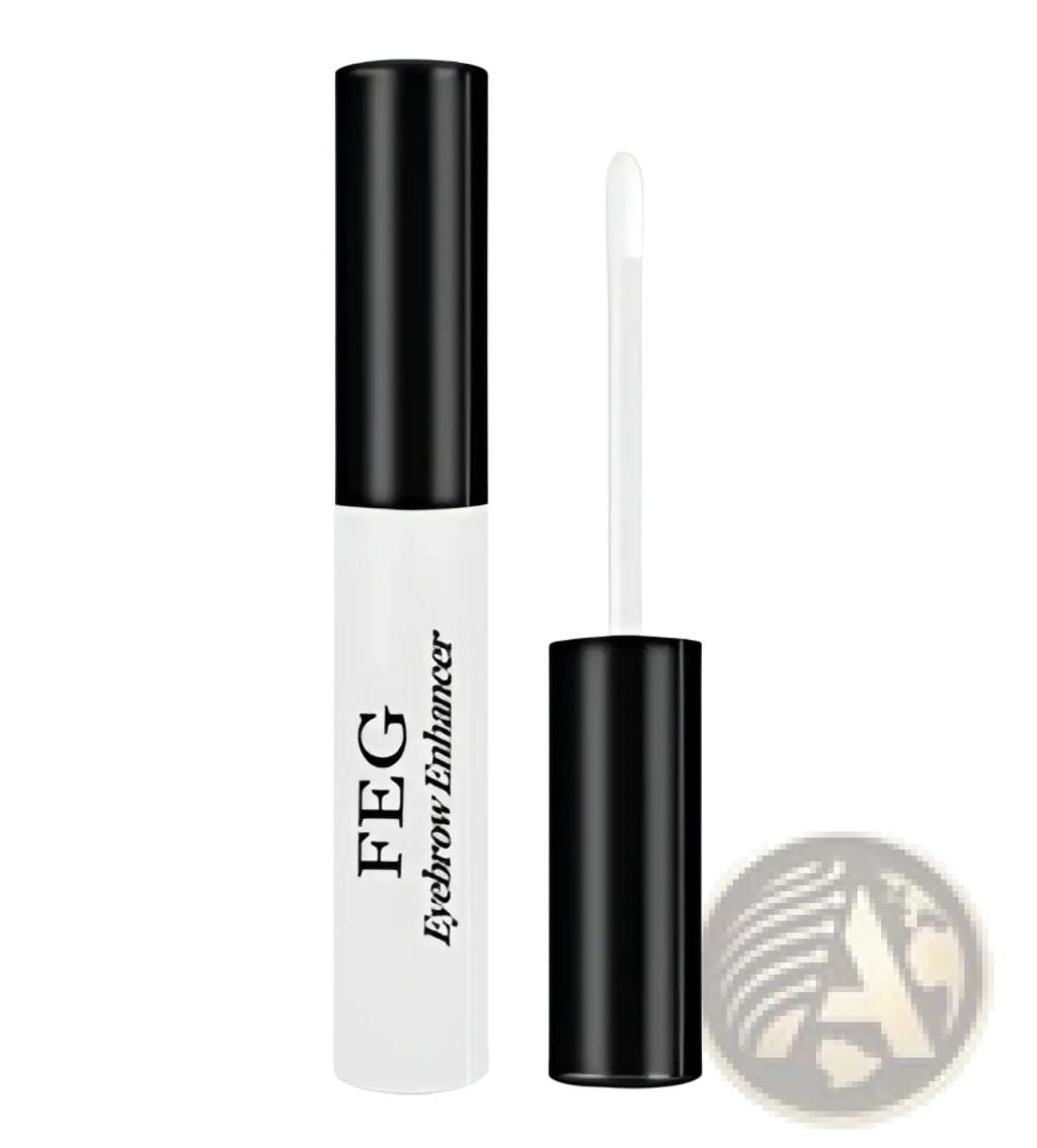 Feg eyebrow enhancer growth serum in a white cylindrical tube with black cap and matching wand for longer brows