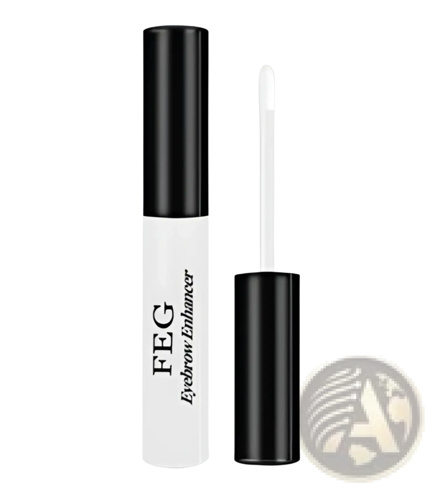Feg eyebrow enhancer growth serum in a white cylindrical tube with black cap and matching wand for longer brows