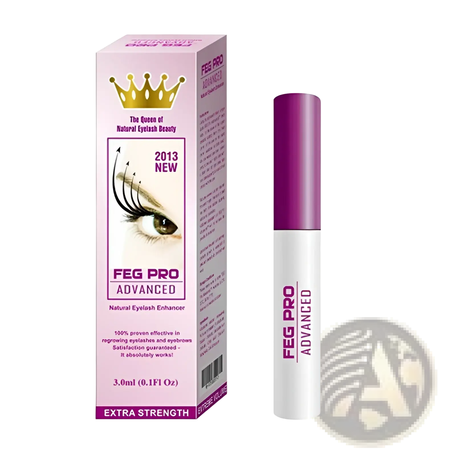 Feg eyebrow enhancer growth serum in white tube with purple cap and pink box featuring gold crown and eye illustration