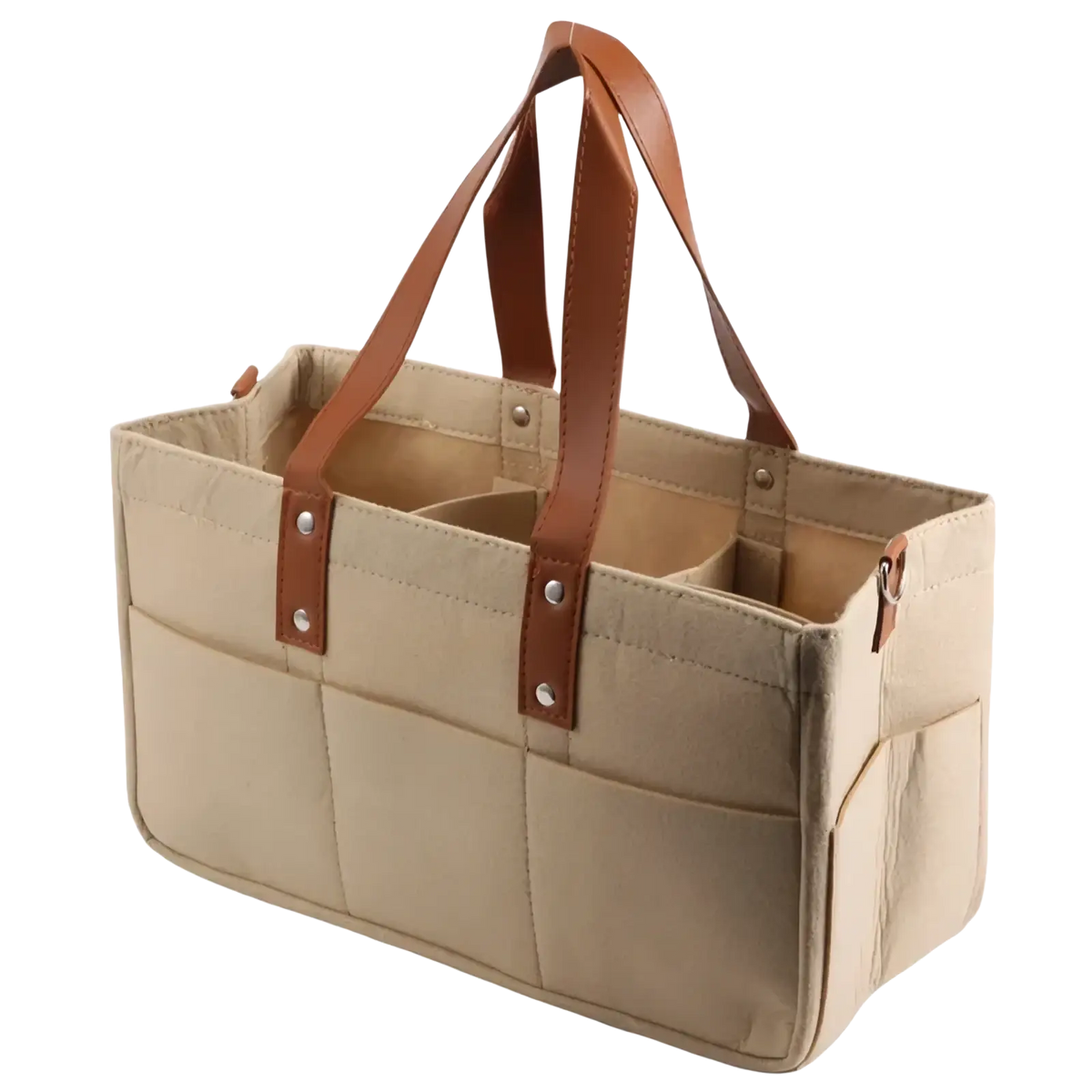 Beige canvas felt baby diaper caddy with brown leather handles and silver rivets for nursery storage organization