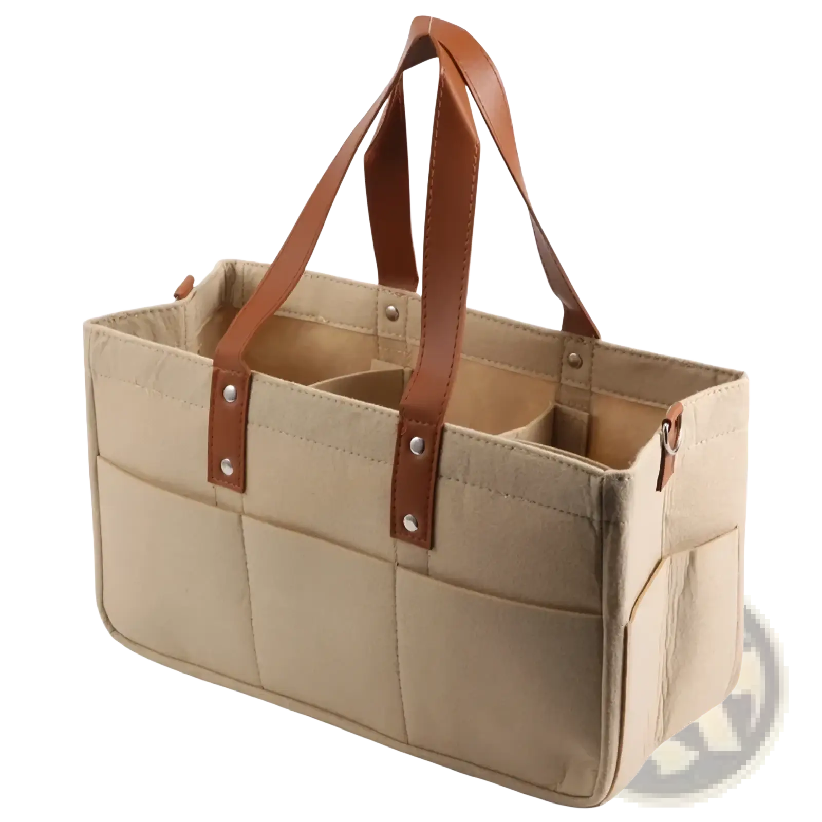 Beige canvas felt baby diaper caddy with brown leather handles and silver rivets for nursery storage organization