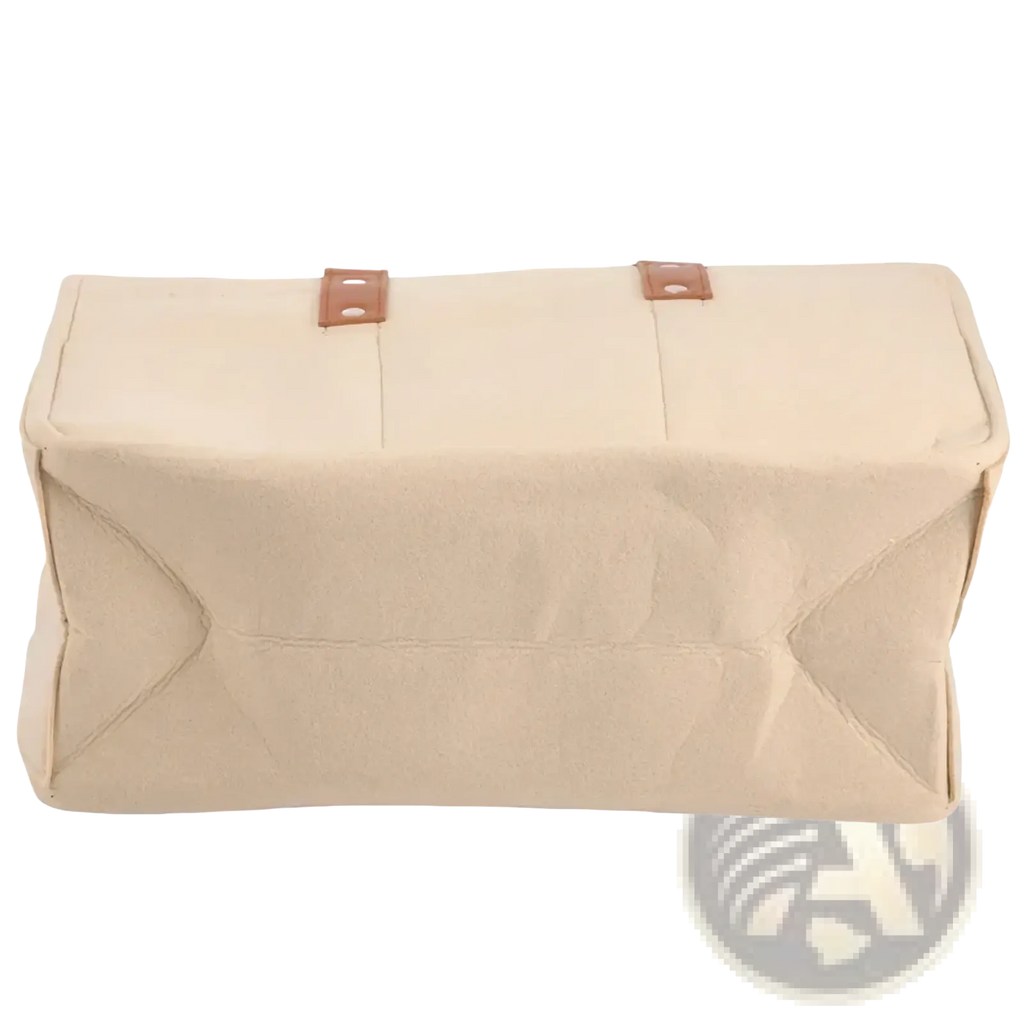 Beige felt baby diaper caddy nursery storage basket with two brown leather straps made of canvas material