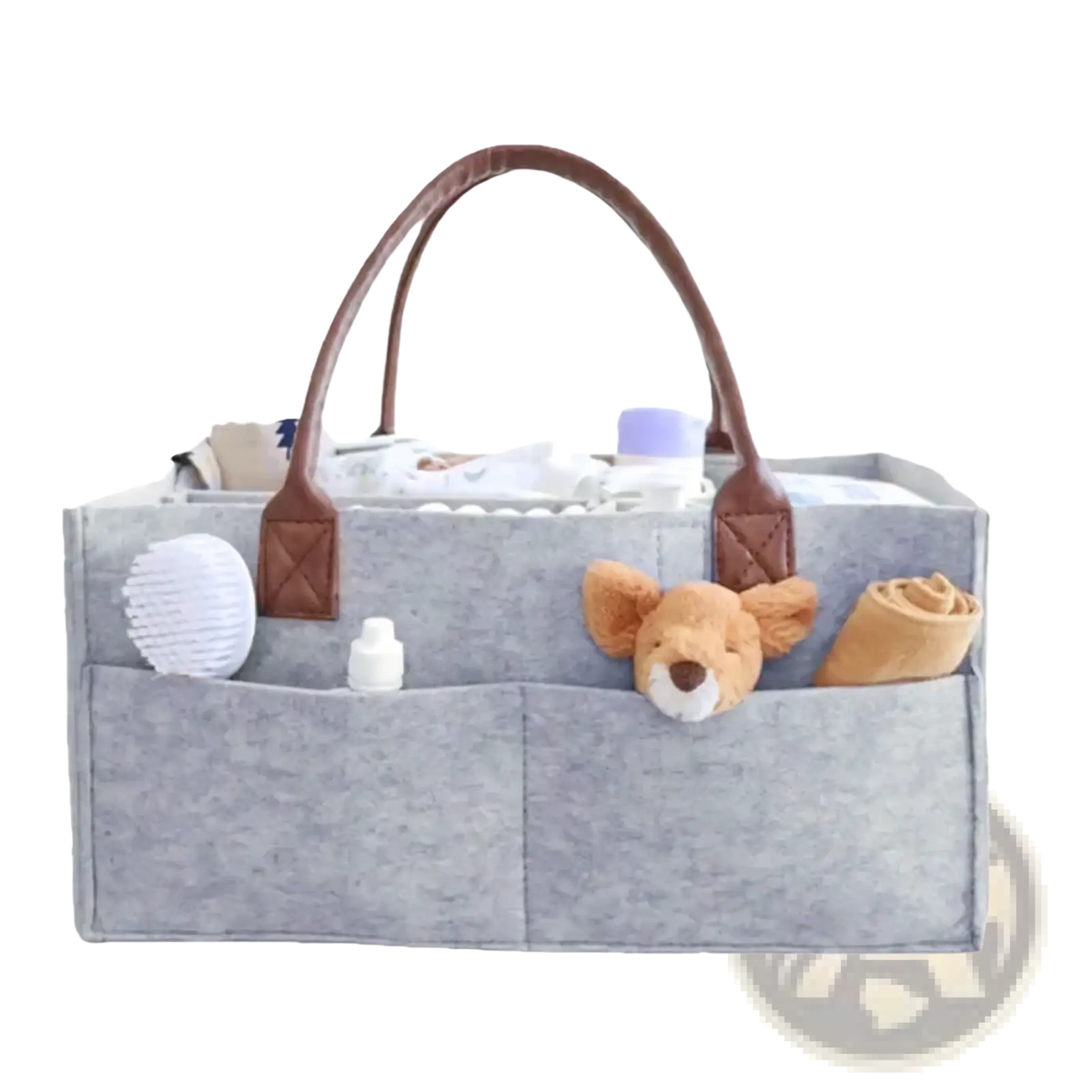 Gray felt baby diaper caddy organizer bag with brown leather handles and multiple compartments holding baby care items