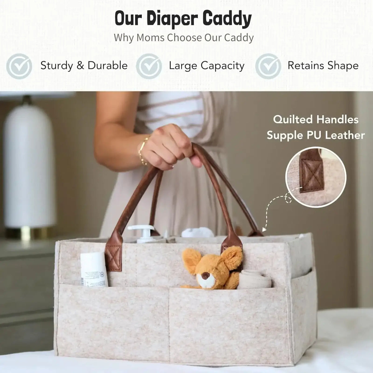 Beige felt baby diaper caddy organizer bag with brown quilted pu leather handles for convenient storage