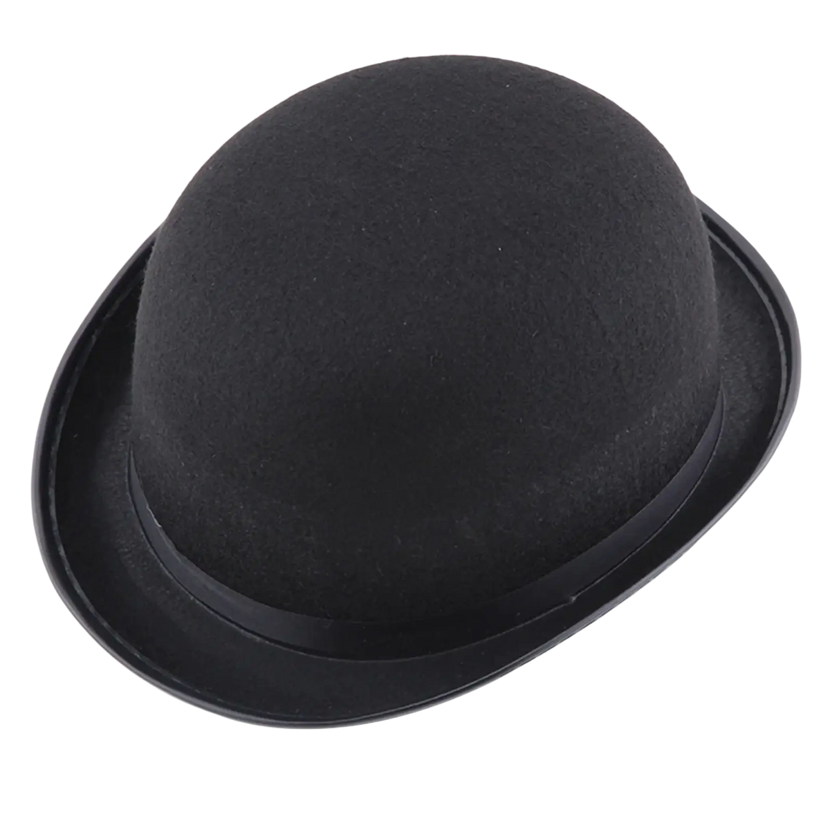 Black felt bowler hat with smooth rounded crown and narrow brim for tuxedo costume headwear