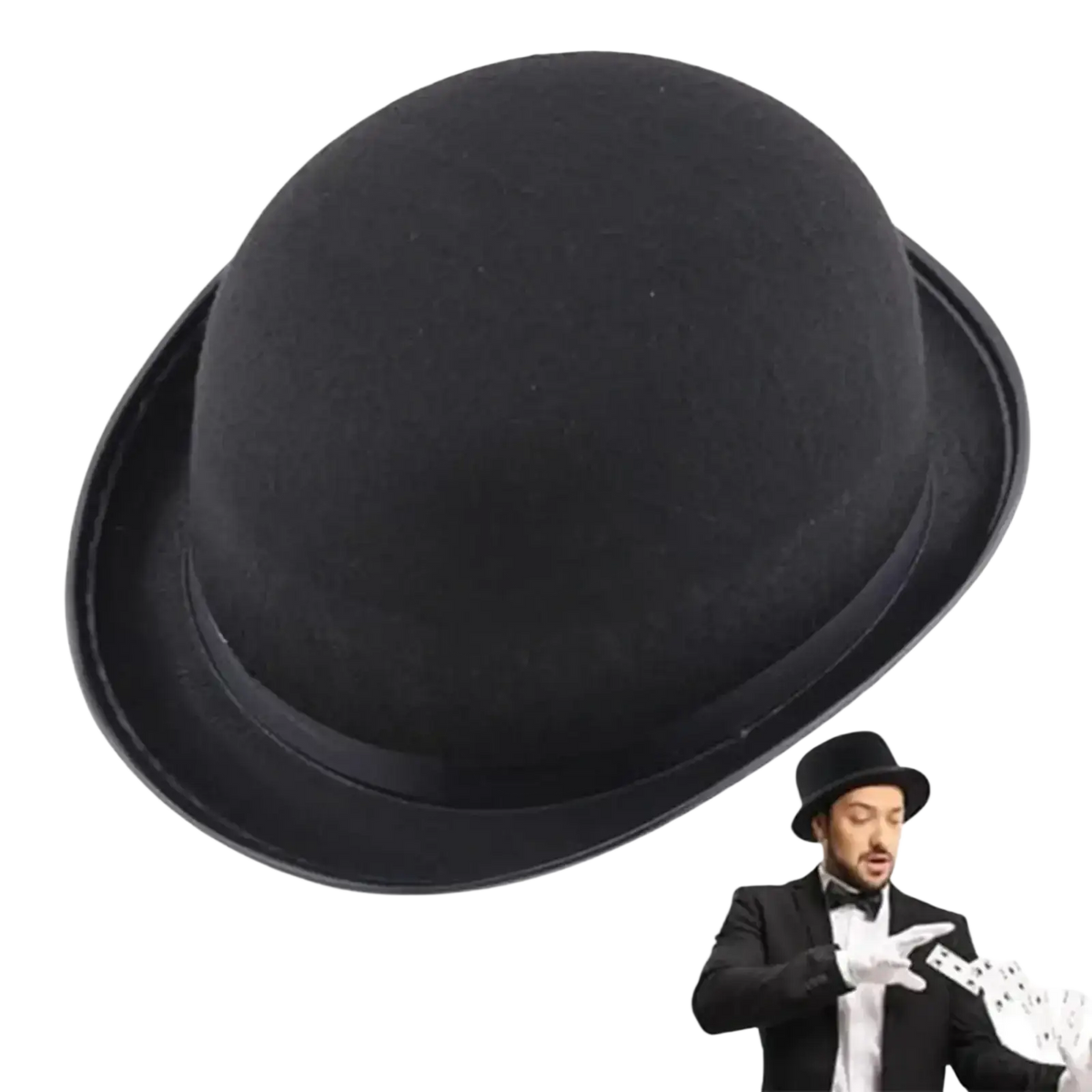 Black felt bowler hat with smooth rounded crown and curved brim for felt tuxedo costume headwear and tuxedo costume use