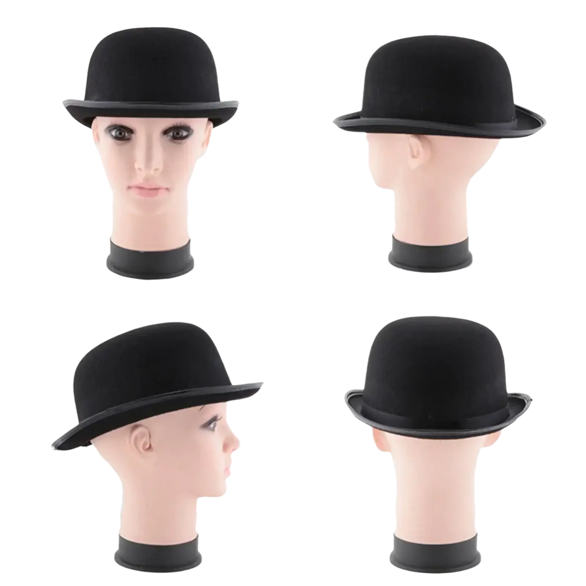 Black felt bowler hat with smooth rounded crown and curved brim for felt tuxedo costume and tuxedo costume use