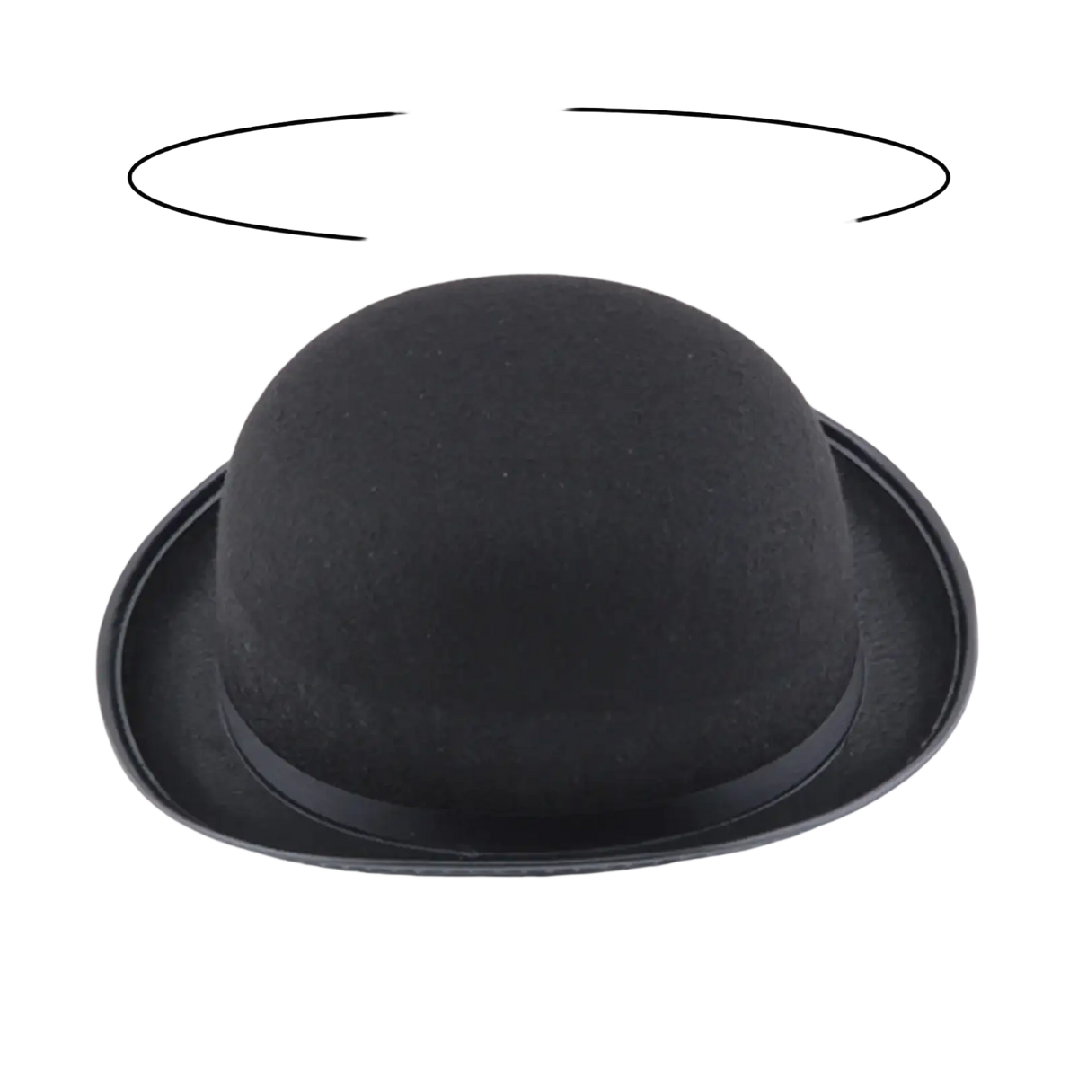 Black felt bowler hat with a smooth rounded crown and slightly curved brim for tuxedo costume headwear