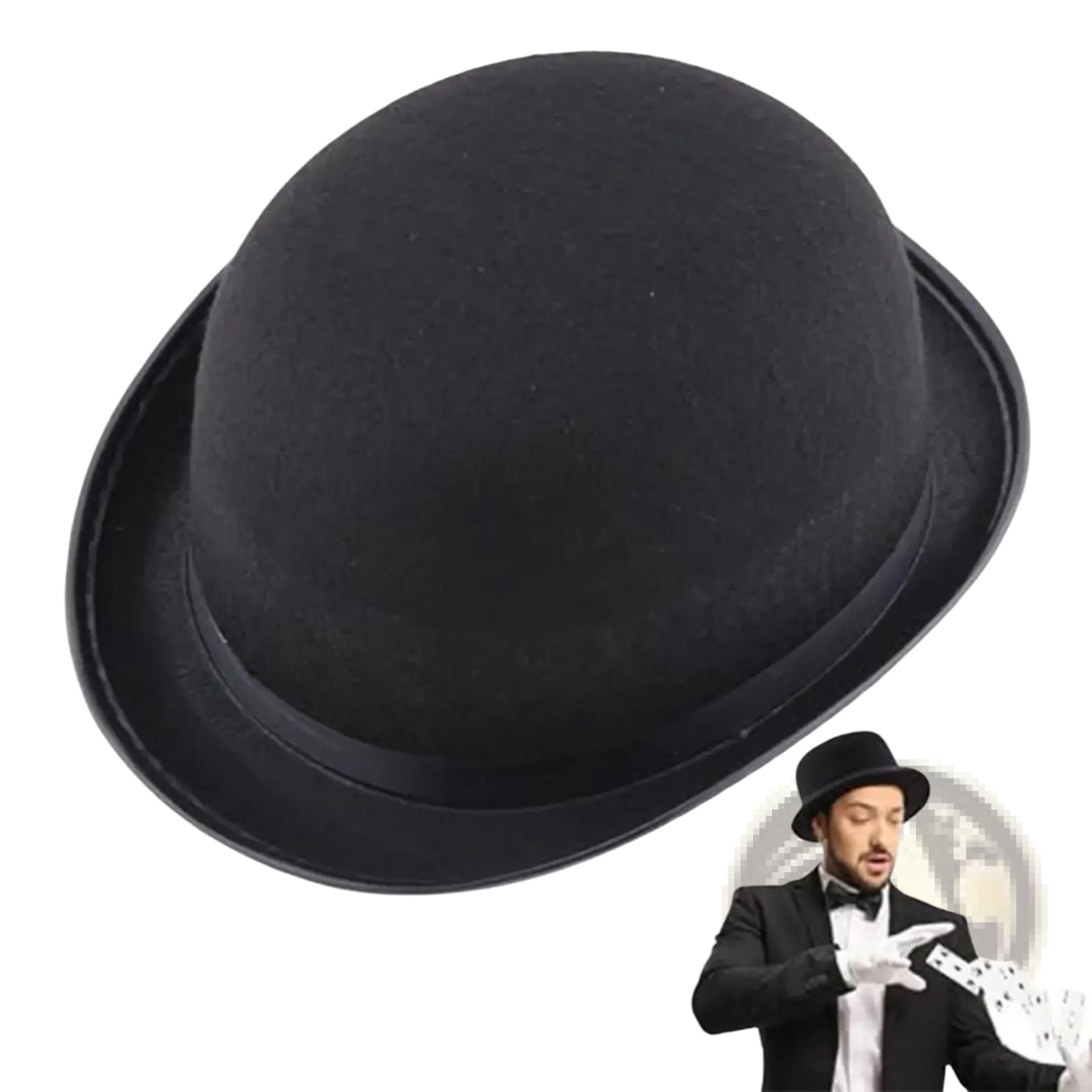 Black felt bowler hat with a smooth rounded crown and wide brim for tuxedo costume headwear
