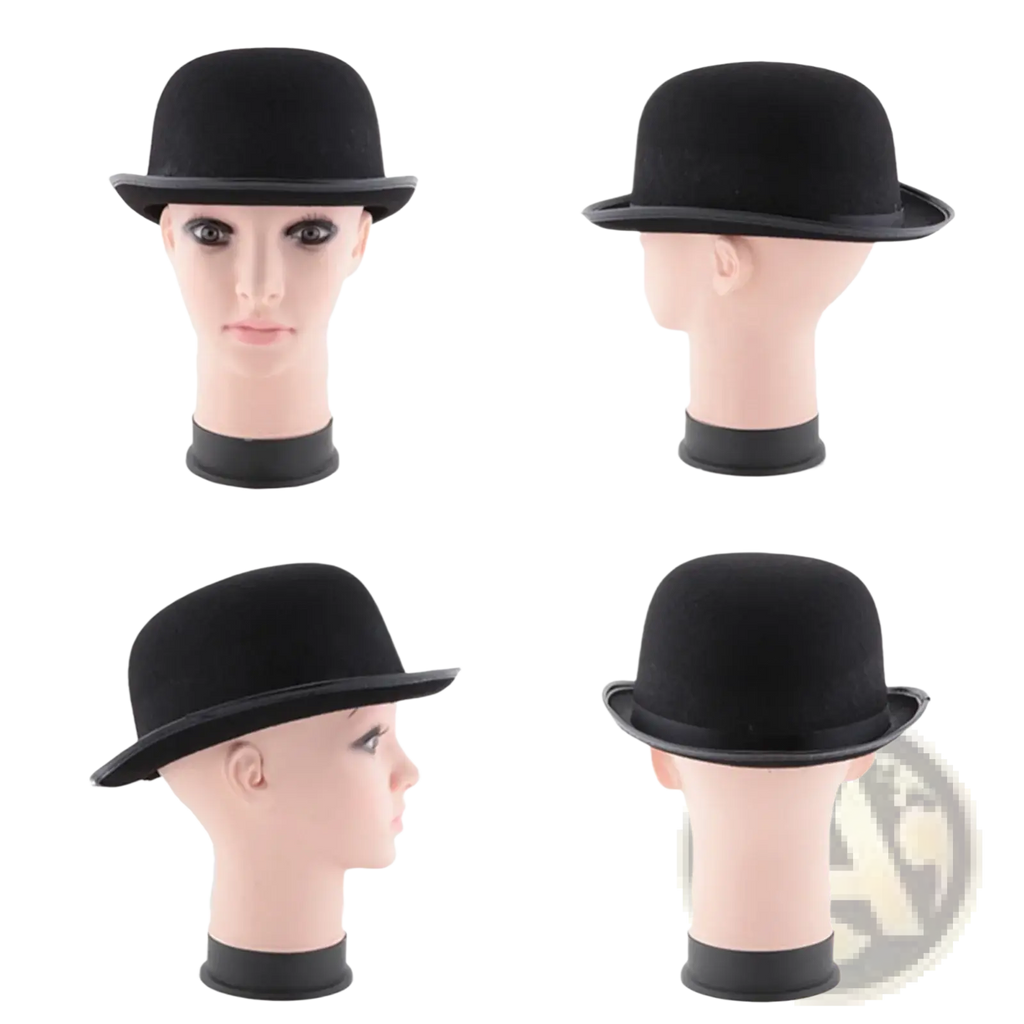 Black felt bowler hat with smooth rounded crown and slightly curved brim for tuxedo costume headwear