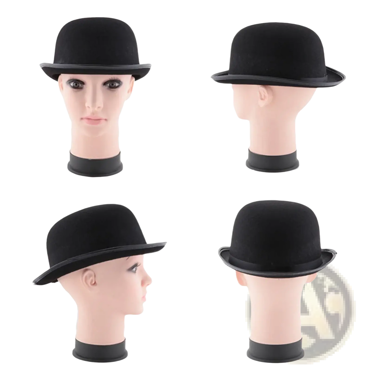 Black felt bowler hat with smooth rounded crown and slightly curved brim for tuxedo costume headwear