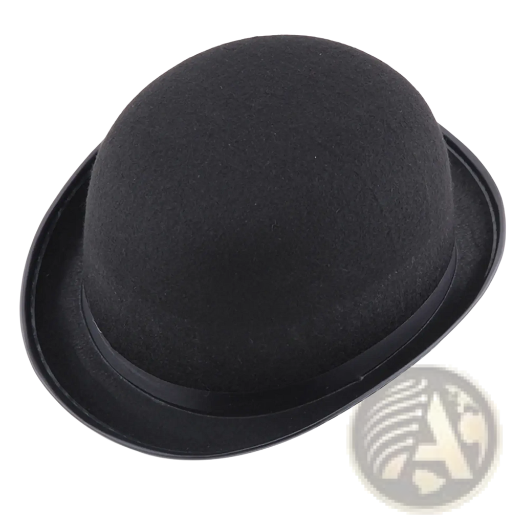Black felt bowler hat with smooth rounded crown and narrow brim for tuxedo costume headwear