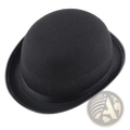 Black felt bowler hat with smooth rounded crown and narrow brim for tuxedo costume headwear