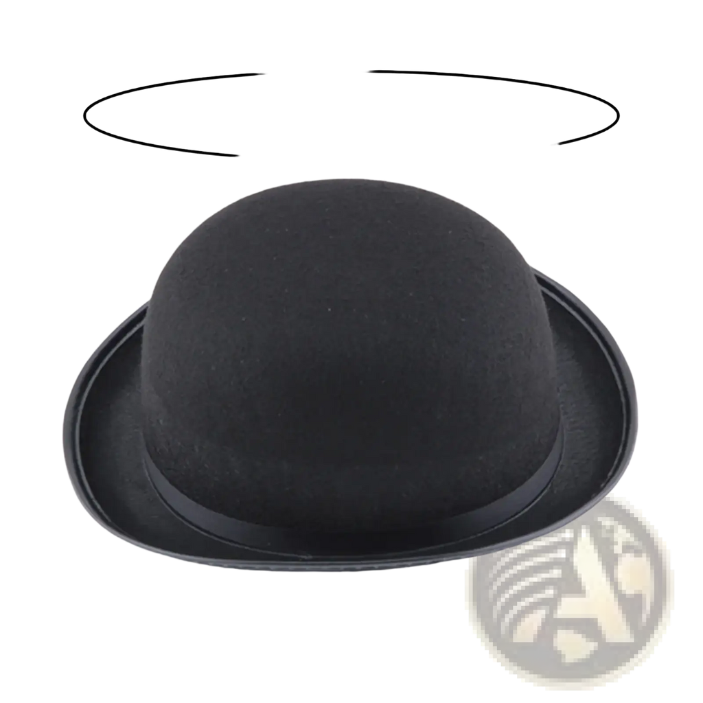 Black felt bowler hat with a smooth rounded crown and slightly curved brim for tuxedo costume headwear