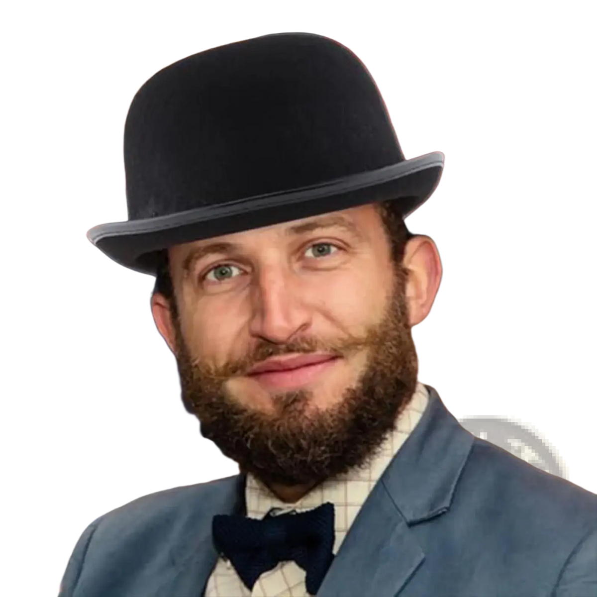 Black velvet felt bowler hat with subtle gray trim suitable for tuxedo costume headwear