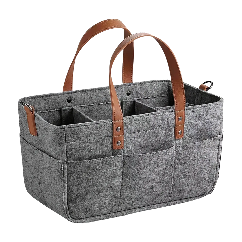 Gray felt car seat organizer storage caddy bag with brown leather handles and multiple compartments for storage
