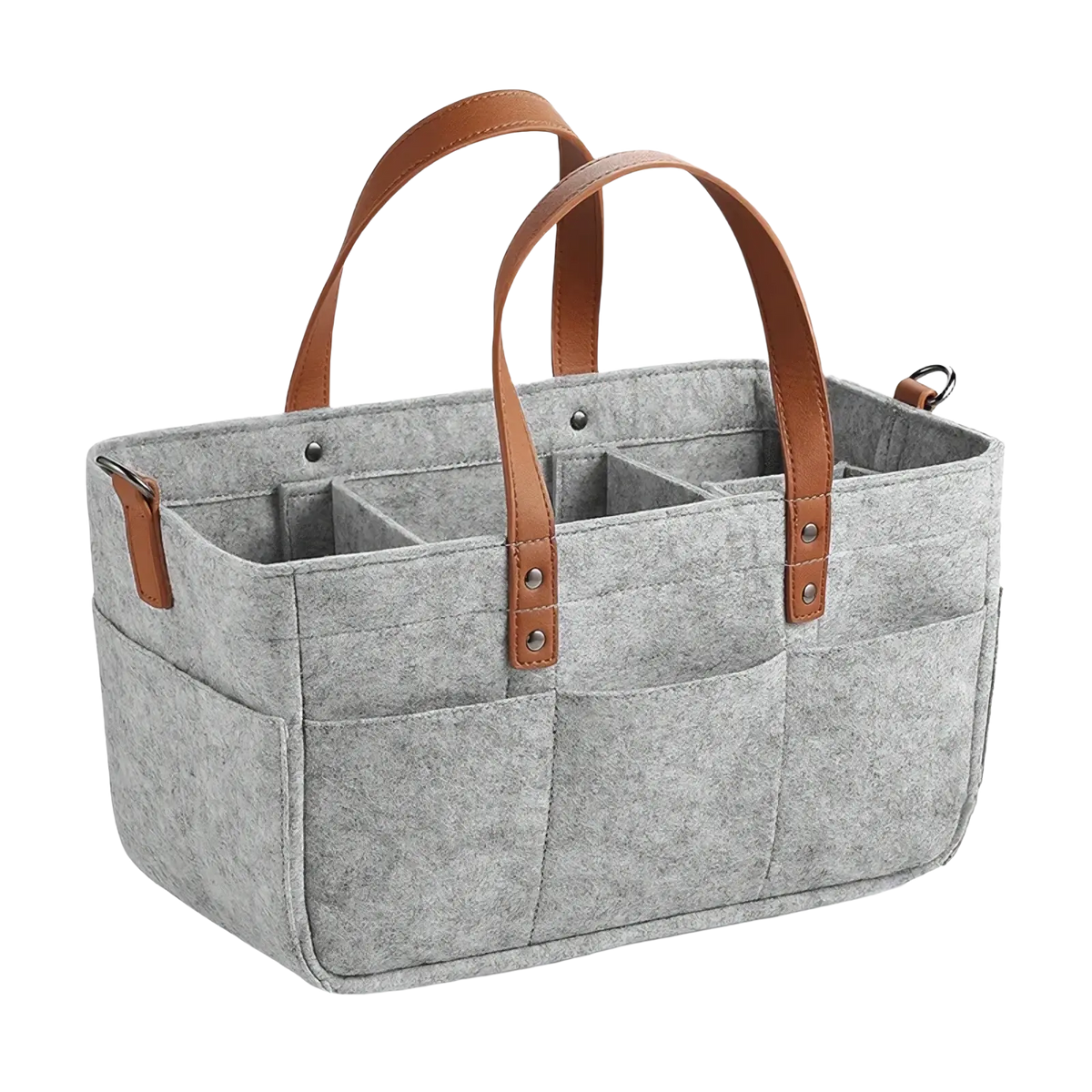 Gray felt car seat organizer storage caddy bag with brown leather handles and multiple compartments for storage