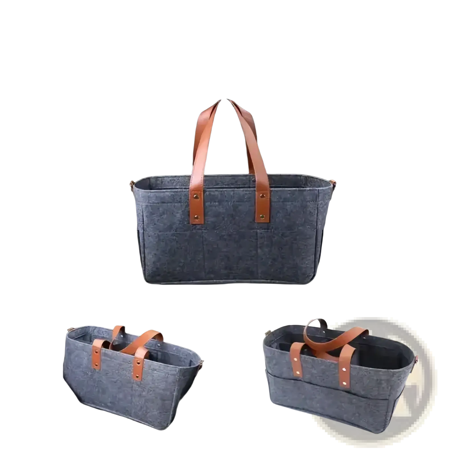 Gray felt car seat organizer storage caddy bag with tan leather handles and metal hardware for vehicle use