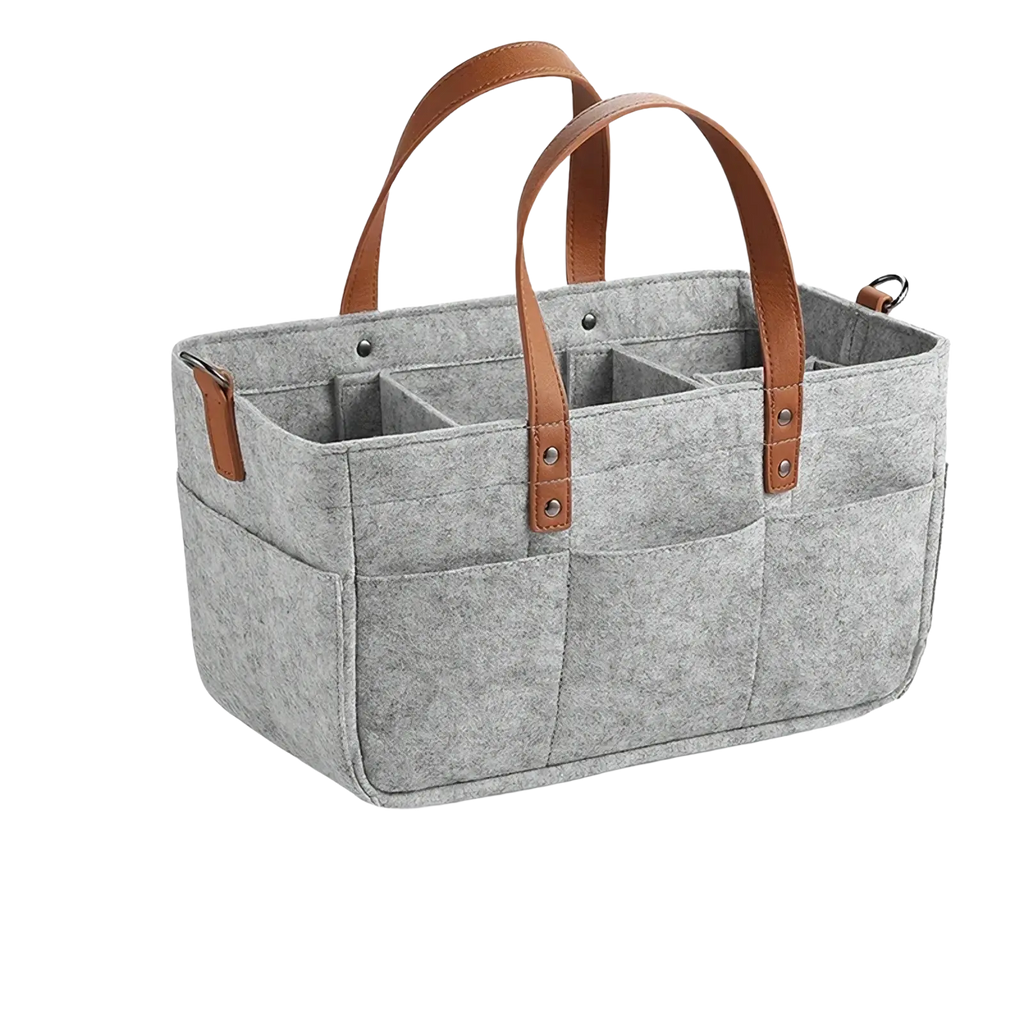 Gray felt car seat organizer storage caddy bag with brown leather handles and multiple compartments for storage