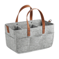 Gray felt car seat organizer storage caddy bag with brown leather handles and multiple compartments for storage
